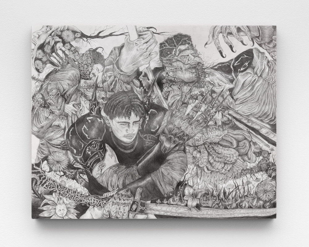 Christian Santiago, <i>Briar of Marauding</i>, 2024. Pen and ink on paper mounted on board, 19 x 24 in (48.3 x 61 cm)